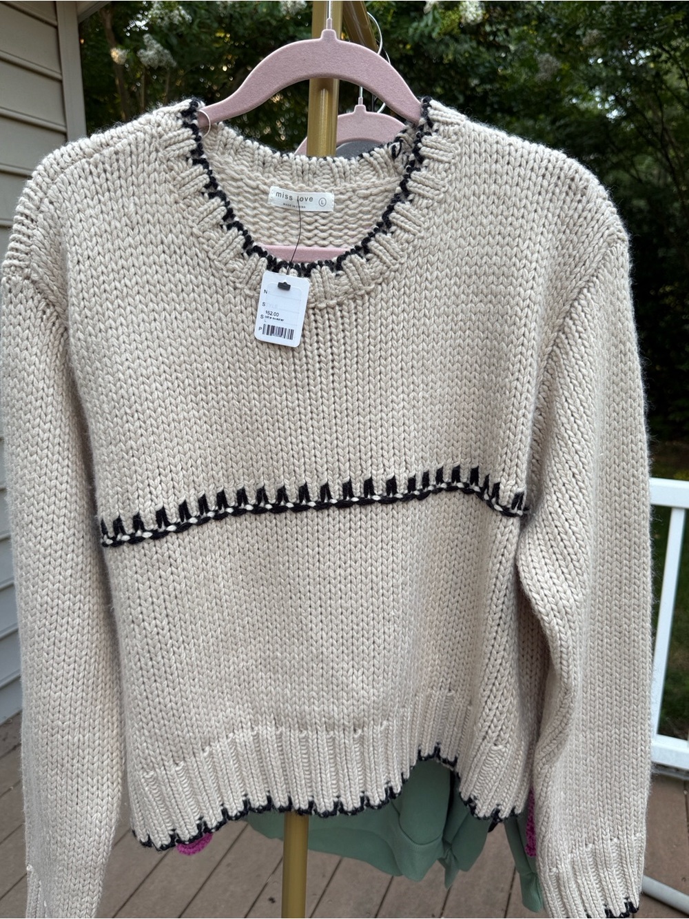 Miss Love Cream Crewneck Sweater with Black Contrast Stitching